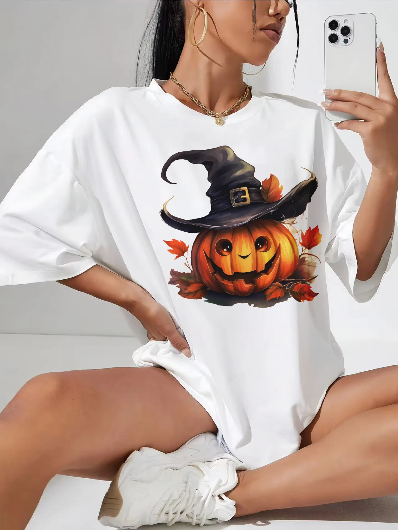 

Scary Halloween Pumpkin White pregnant women’s tee loose fit stretchy cotton round neckline ruched sides