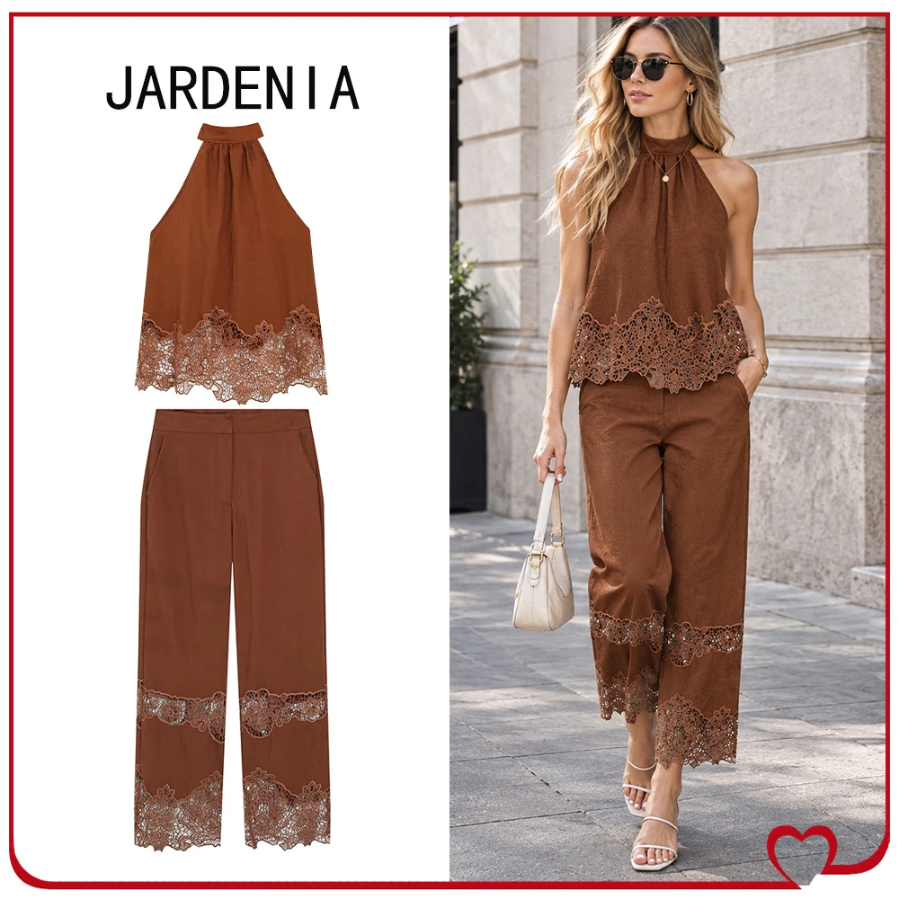 Summer Women's Embroidered Two Piece Sets Caramele Pant Sets Embroidered Eyelet Halter Top with Tie Matching Tonal Cutwork Pants