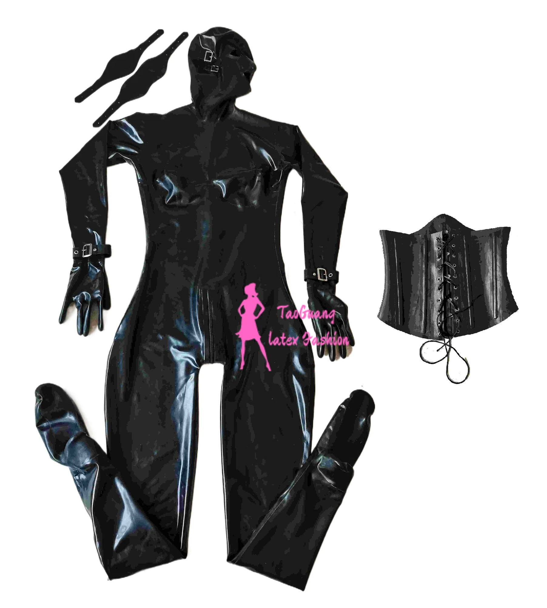 Sexy Black Latex Fetish Catsuit Full Bodysuit 3d Breast Corset Hood with Eyes Patch