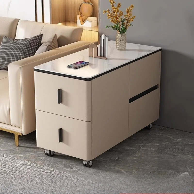 A few solid wood cream wind floor side cabinets on the side of the sofa, light luxury rock slabs can be moved