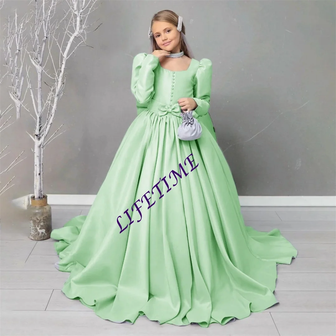 Abito da cerimonia nuziale classico personalizzato con scollo quadrato e maniche lunghe a sbuffo, linea A, per ragazza, lunghezza del pavimento, strascico, prima comunione