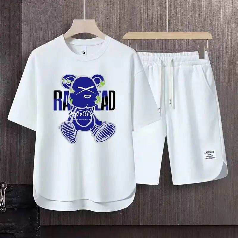 

Summer Men's Suit Japan Trendy Cartoon Printed T-shirts Shorts 2 Piece Set Breathable Waffle Top Fashionable Men's Clothing New