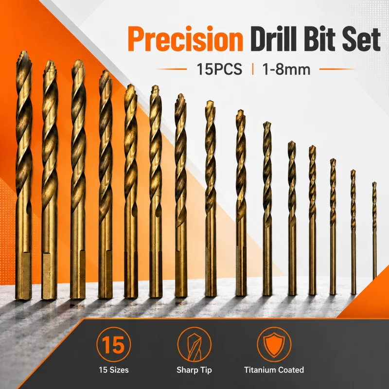 15PCS Titanium Coated Twist Drill Bit Set 1‑8mm Straight Shank Screw‑Point Tip Drill Kit with Clear Storage Box for Wood