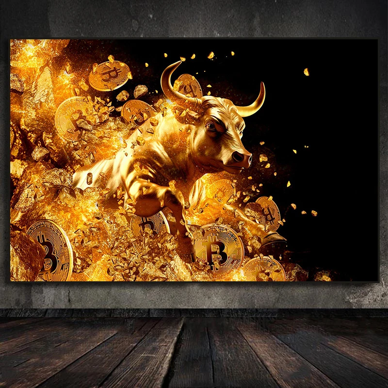 Bitcoin Bull and Bear Gold Canvas Painting Bull Market Motivation Poster Print Picture Home Decoration for Living Room Deco