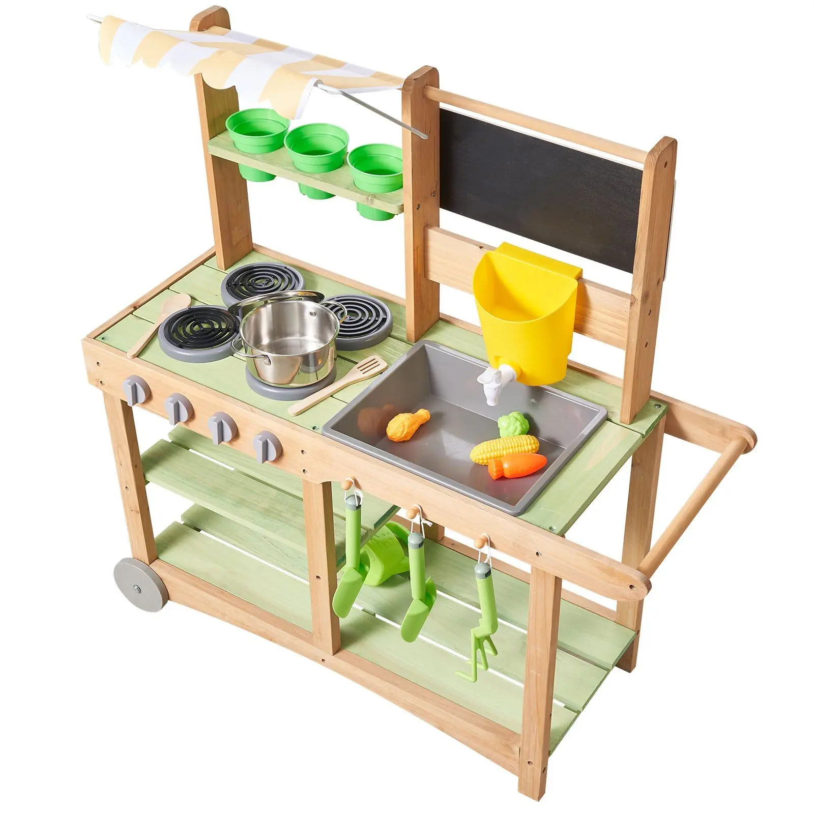 

Mud Kitchen, Outdoor Mud Kitchen for Kids, Wood Outdoor Play Kitchens with Spoons, Sink, Sunshade Canopy, Swivel Wheels,