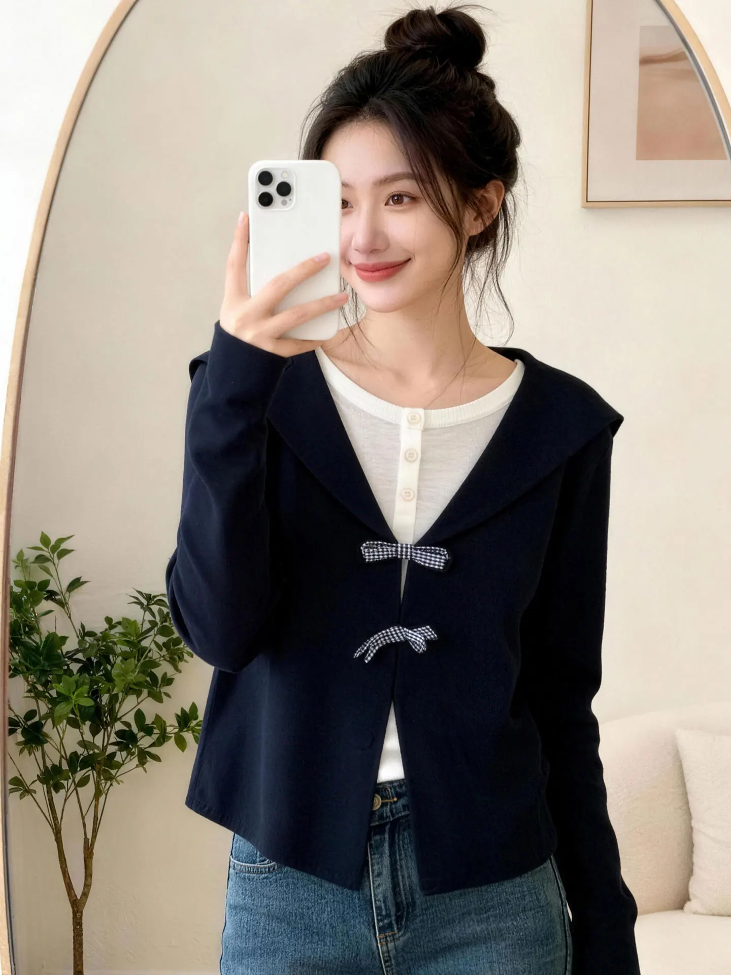 plus Size Women's Navy Collar Long Sleeve Base Shirt Casual Style Patchwork Top Breathable Polyester Fabric Autumn Season