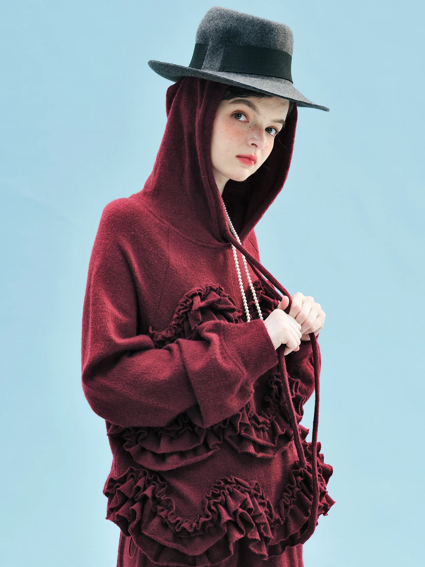 

Women's Burgundy Hooded Ruffled Coat Fashionable and Versatile for Daily Outings Sweet and Eye - Catching 255237