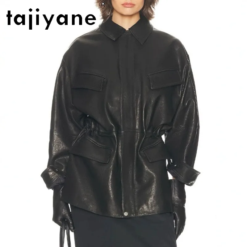 TAJIYANE Genuine Leather Jacket Women New Vegetable Tanned Sheepskin Jackets Mid Length Oversized Leather Outerwear Black Косуха