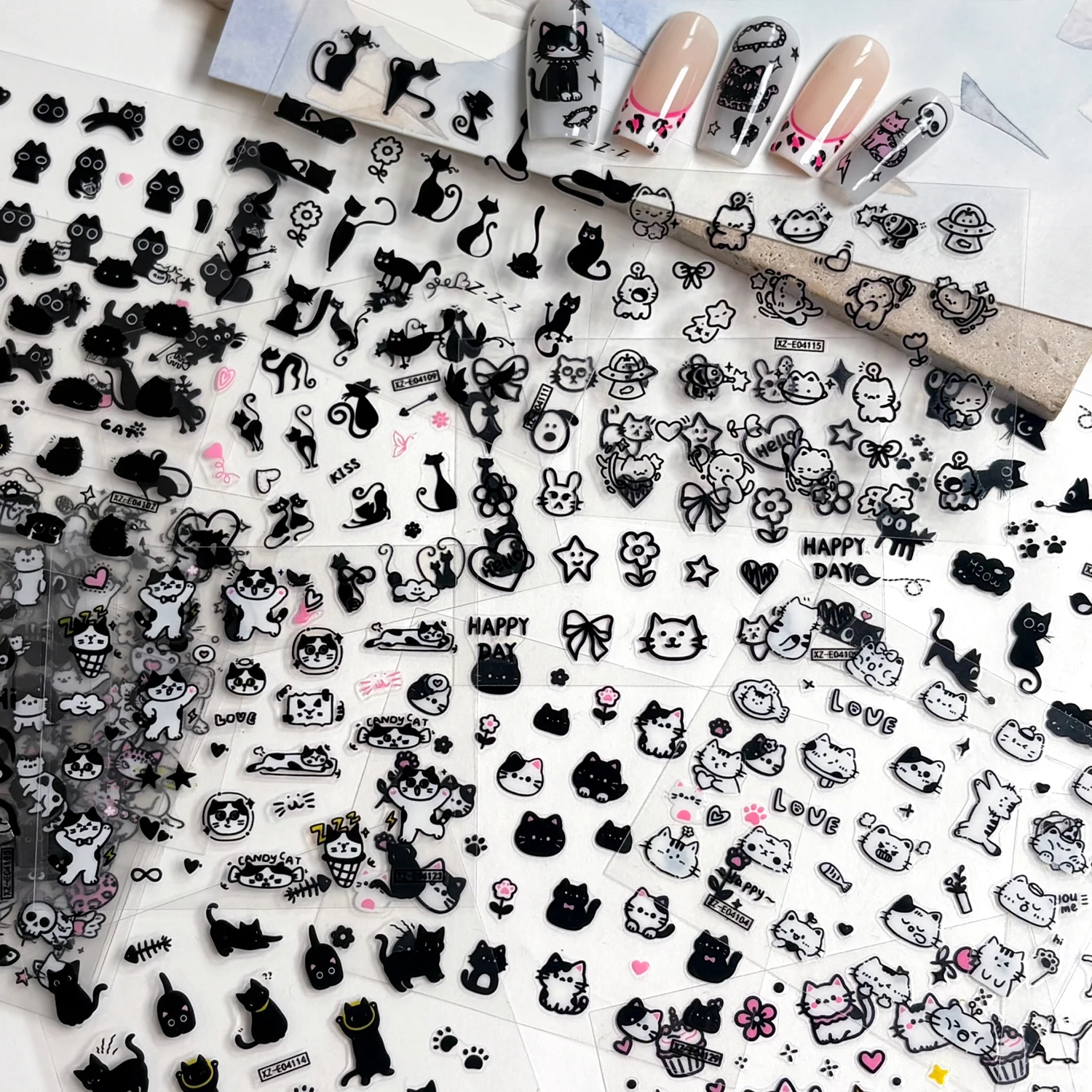 30 Pcs Cute Black Outline Cat Nail Stickers Hand Drawn Kitten Paw Heart Bow Animal Nail Decals Self Adhesive Cartoon Nail Decals