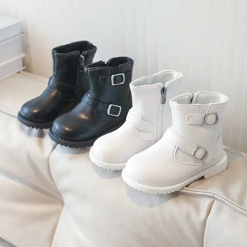 

Children Short Boots for Girls 2024 Autumn Winter New Fashion Comfortable Korean Style Solid Color Versatile Zip Leather Shoes