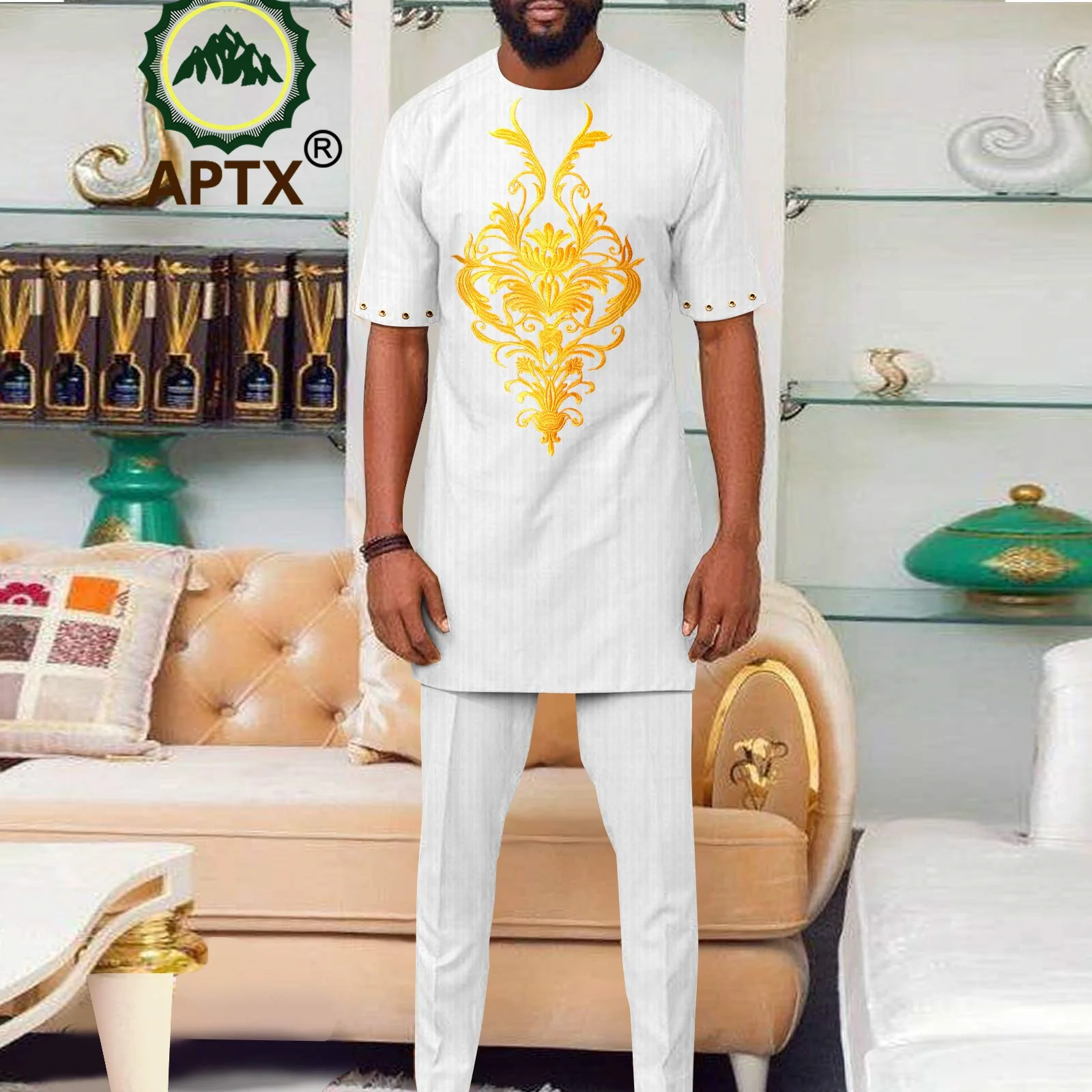 Dashiki African Men Outfits Suit 2 Piece Set Short Shirt Pants Top+ Slim Fit Trousers Casual Business Wedding Attire A2316079