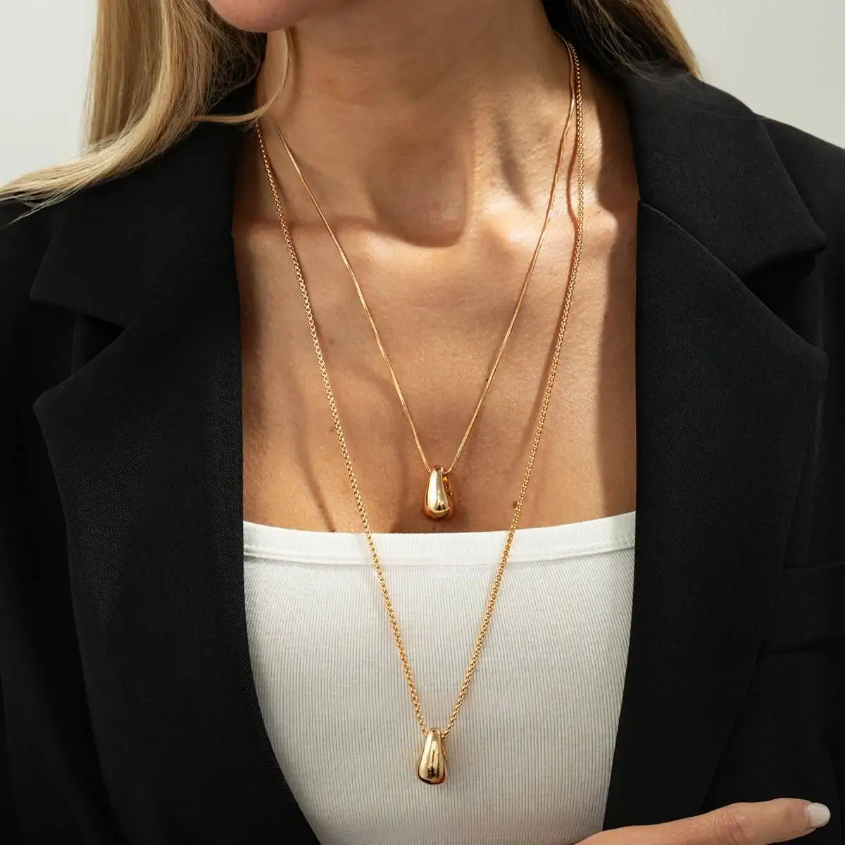 SHIXIN Minimalist Geometric Water Drop Pendant Necklace for Women Elegant Long Chain Sweater Chain Accessories Jewelry Gifts