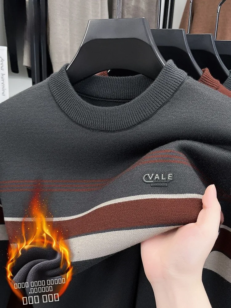 

Мужской утепленный свитер Lormen с флисовой подкладкой, вязаный, в полоску, теплый, зимний, новый стиль, базовая рубашка, удобная, мягкая, из поларфлиса