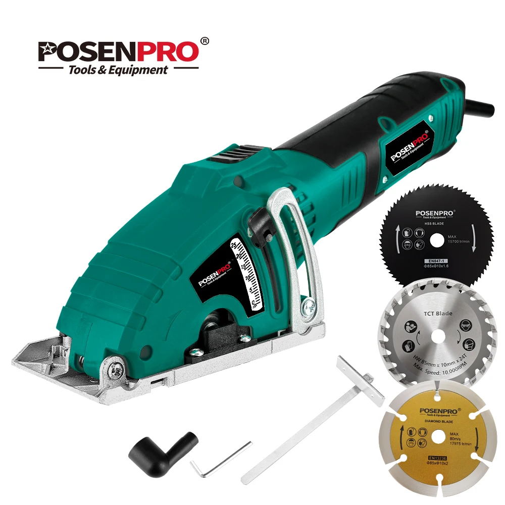 Sierra Circular Eléctrica Mini POSENPRO de 600W, Herramienta Eléctrica para Cortar Madera y Metal, con Guía Paralela y 3 Cuchillas