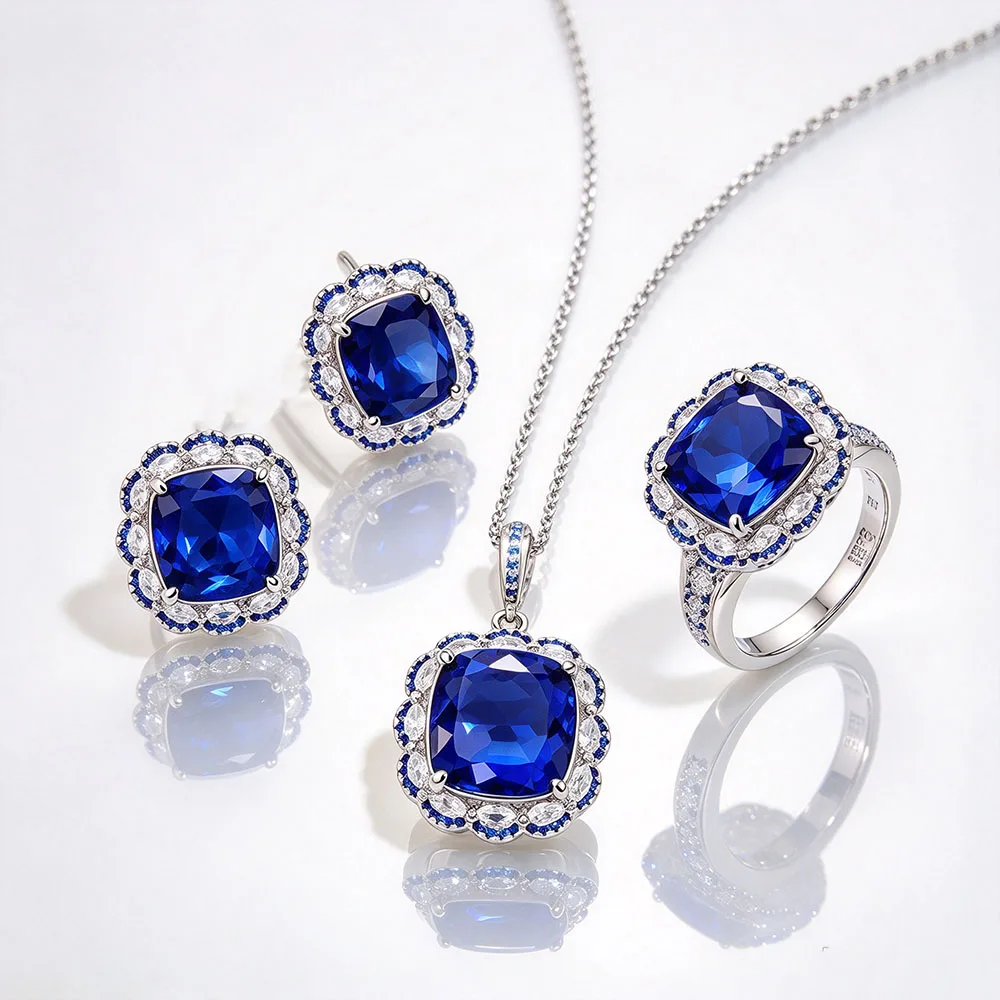 Light Luxury Square Simulated Colored Zircon Jewelry Set, Ladies 925 Sterling Silver Earrings Necklace & Ring