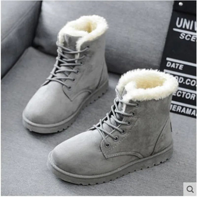 Winter New Round Head Lace Up Cotton Shoes  Women Plush Insulation Flat Bottom Snow Boots
