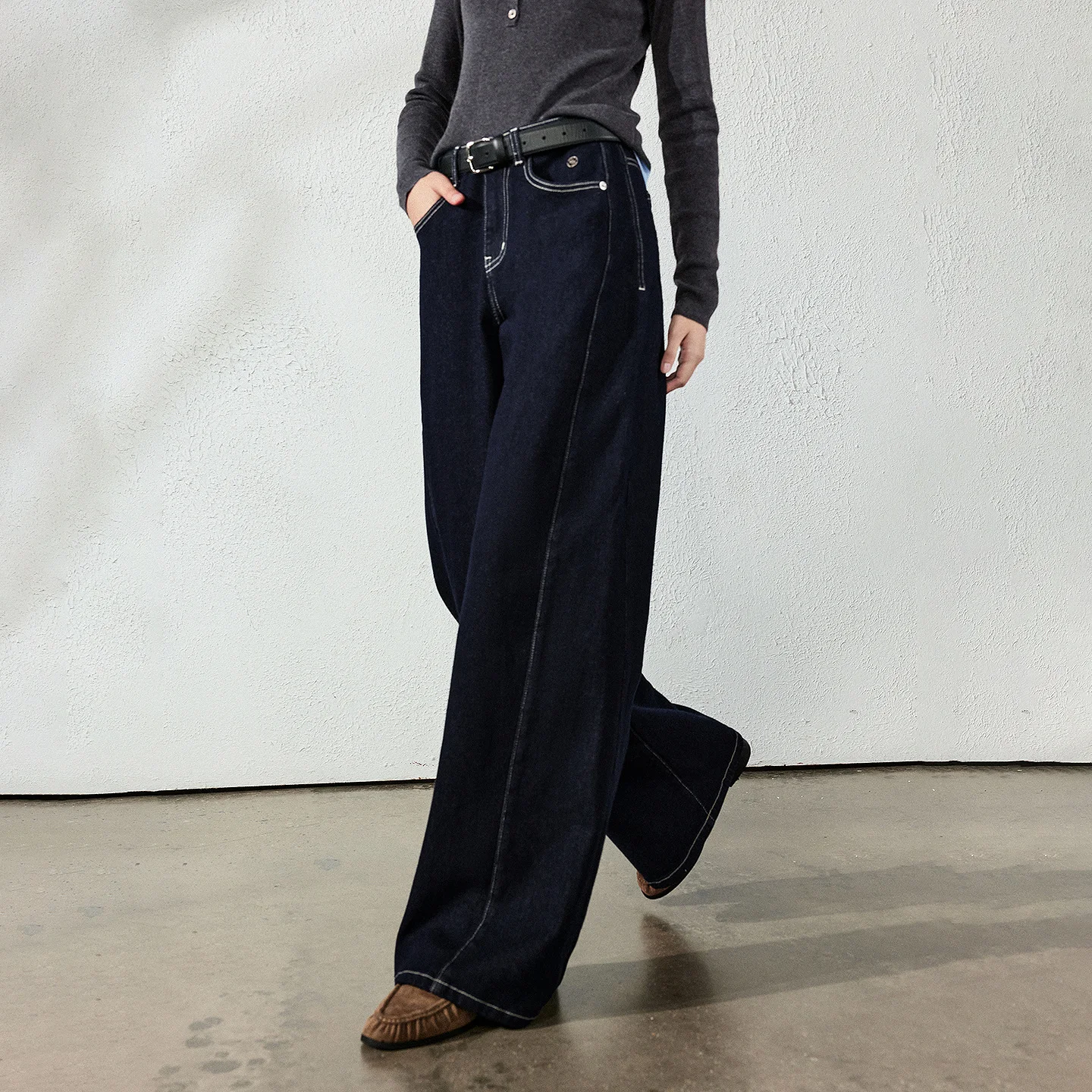 TOYOUTH Women Lyocell Cotton Stretch Jeans 2026 Autumn New Arrival Color Contrast Stitching Seam Detail Raw Wash Wide Leg Denim