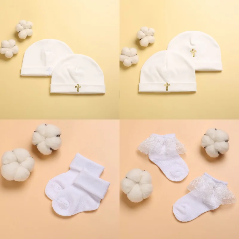 Cotton Baby Beanie Hat & Ruffle Lace Socks Newborn Christening Accessory Set 0‑1 Year