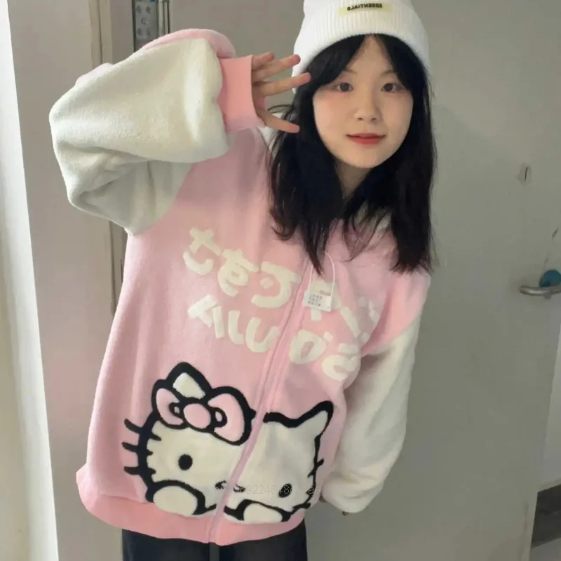 Sanrio Hello Kitty Plush Hoodies Women Fashion Zippers Cardigan American Trend Couples Sweatshirt Y2k Sweet Cute Girls Clothing