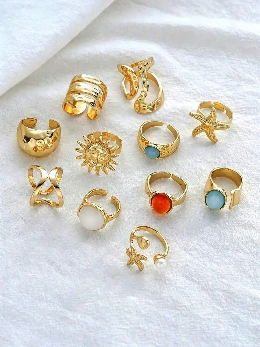 11pcs Vintage Boho Gold Sea Shell Starfish Sun Ring Set for Women