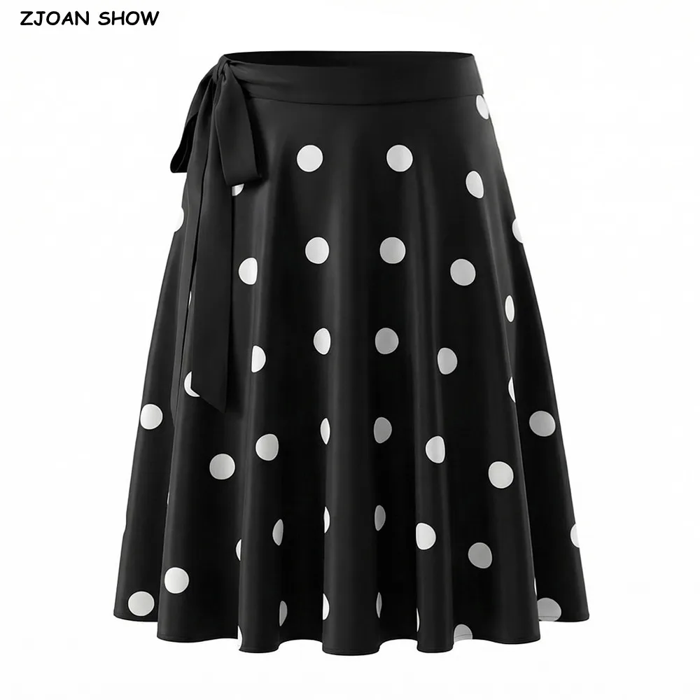 

Весенне-летняя женская черная юбка с белым горошком и бантом на талии, длиной ниже колена, средней длины, А-силуэта, расклешенная, для женщин