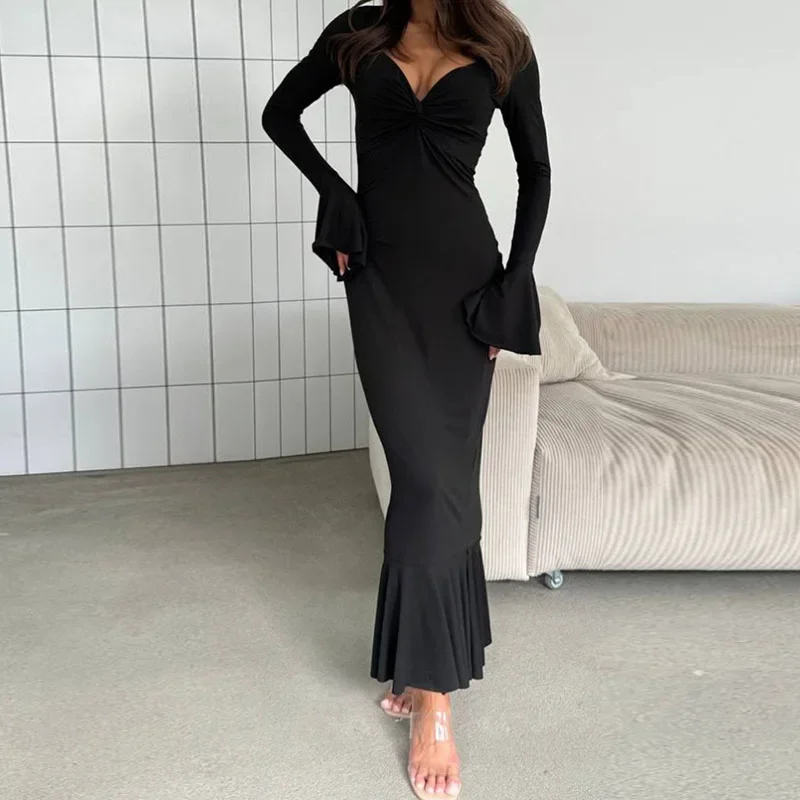 Abito lungo scollato intrecciato moda primaverile Abito da donna sexy con scollo a V a maniche lunghe Abito elegante autunnale drappeggiato a vita alta