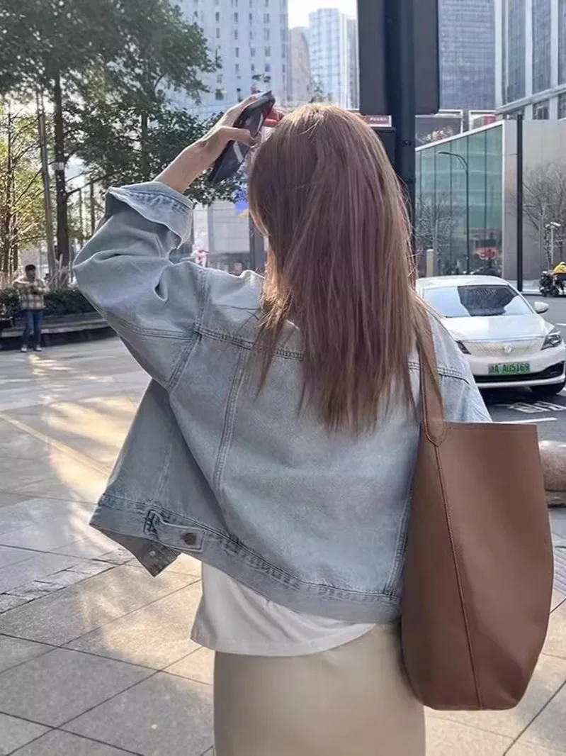 봄과 가을 여성용 얇은 한국 스타일 루즈핏 짧은 긴팔 재킷 유럽풍 워싱 코튼 레트로 데님 재킷