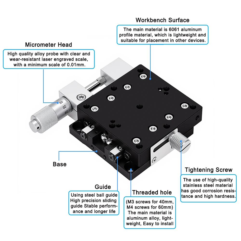 X Axis 40/60mm Mini Manual Optical Displacement Platform Micrometer Linear Guides High Precision Adjustable Sliding Stage LGX40