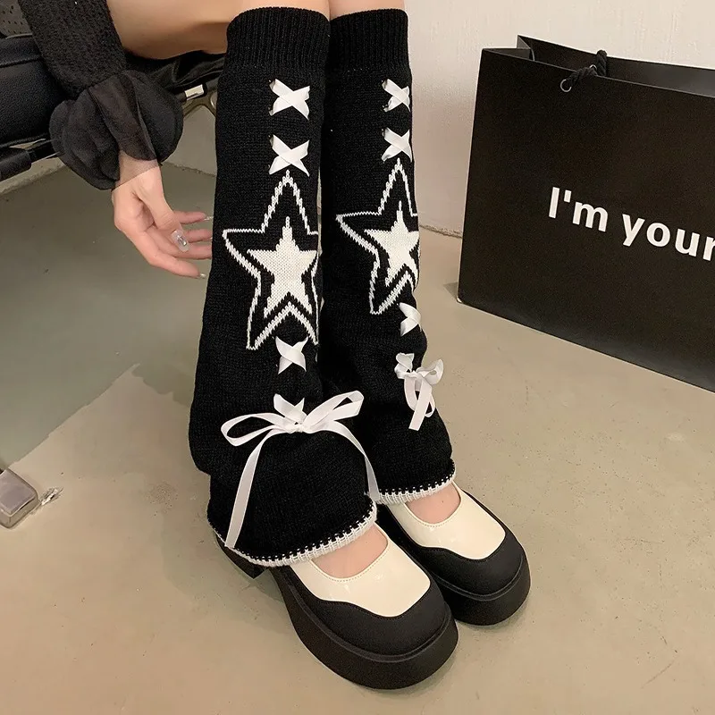 New Knitted Bellmouth Warm Leg Cover with Ribbon Star Strap Socks Subculture Y2k Personalized Stacking Socks
