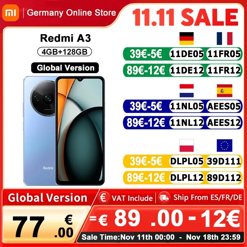 Global version Xiaomi redmi A3 smartphone Mediatek Helio G36 Hd Screen 6.71 Inch Dual Camera 5000mah Battery 4GB 128GB Mi