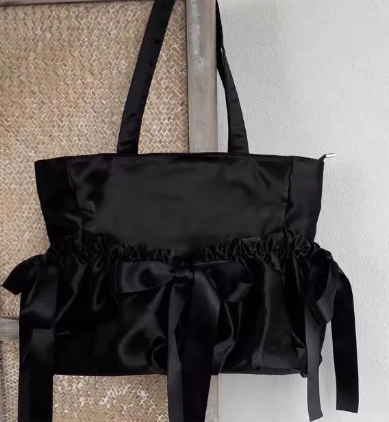 2024 New Spring Autumn Ladies' Hangbags Satin Japanese Style Pleated Bow Shoulder Bag Sweet Cute Large Capacity Bags for Women