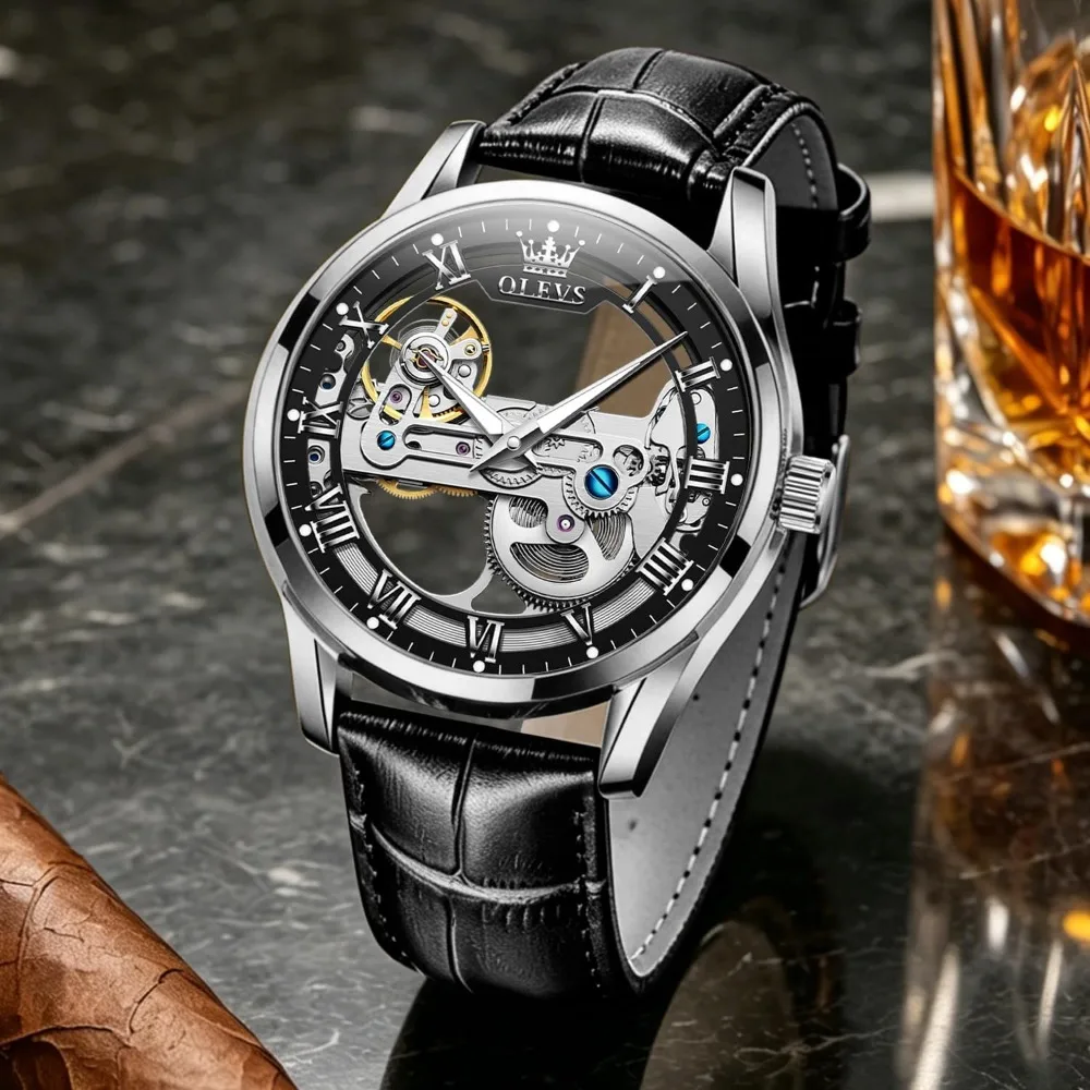 Automatic Skeleton Watch for Men - Mechanical Self-Winding, Leather, Waterproof, Luminous, Dress Style