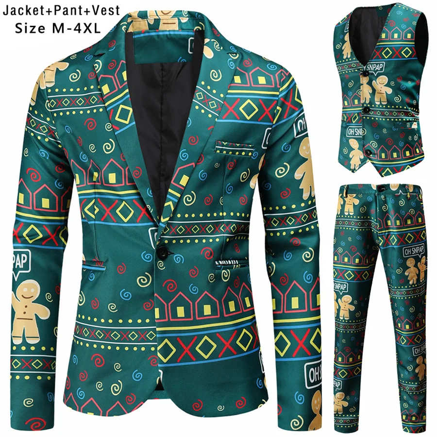 

2026 New Fashion Printed Men 3 Piece Suit Sets Blazer Vest Pants Boys Uniform Stage Performance Costume Outfits Men's Clothing