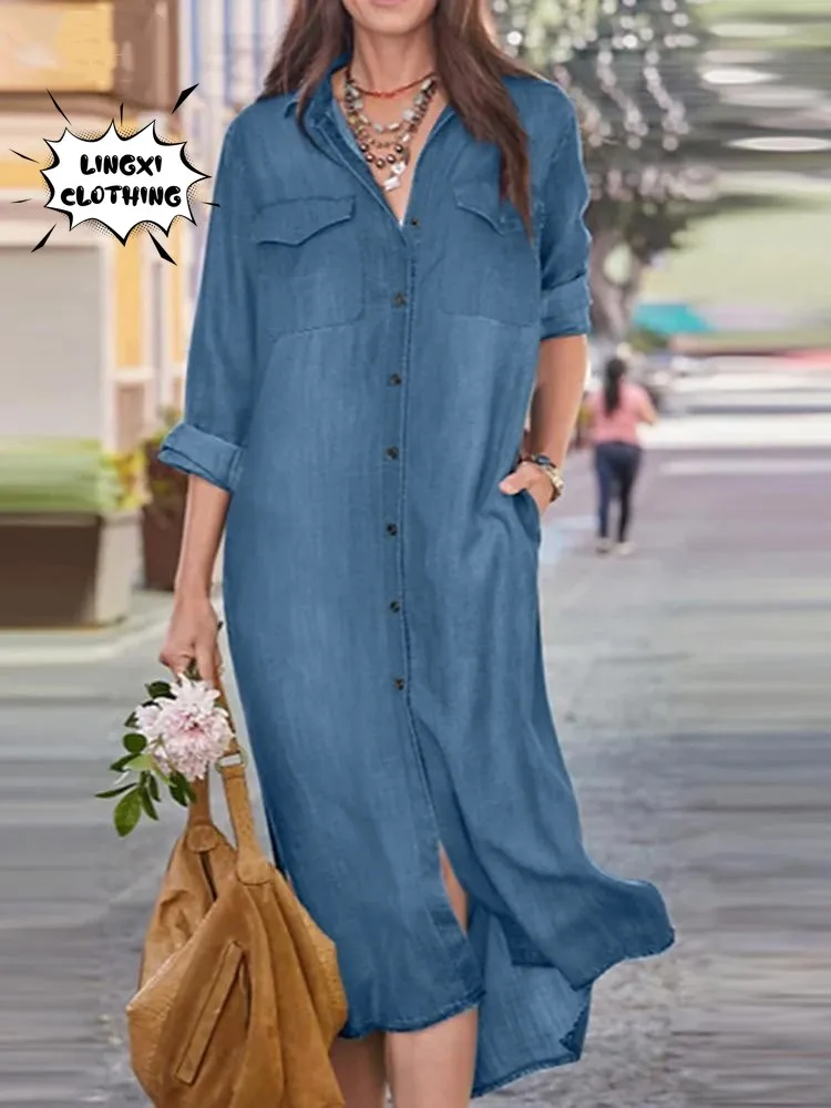 Robe longue décontractée pour femmes, coupe adt, col rond, style de rue, mode coréenne, coton, denim, été, nouveau, 2024