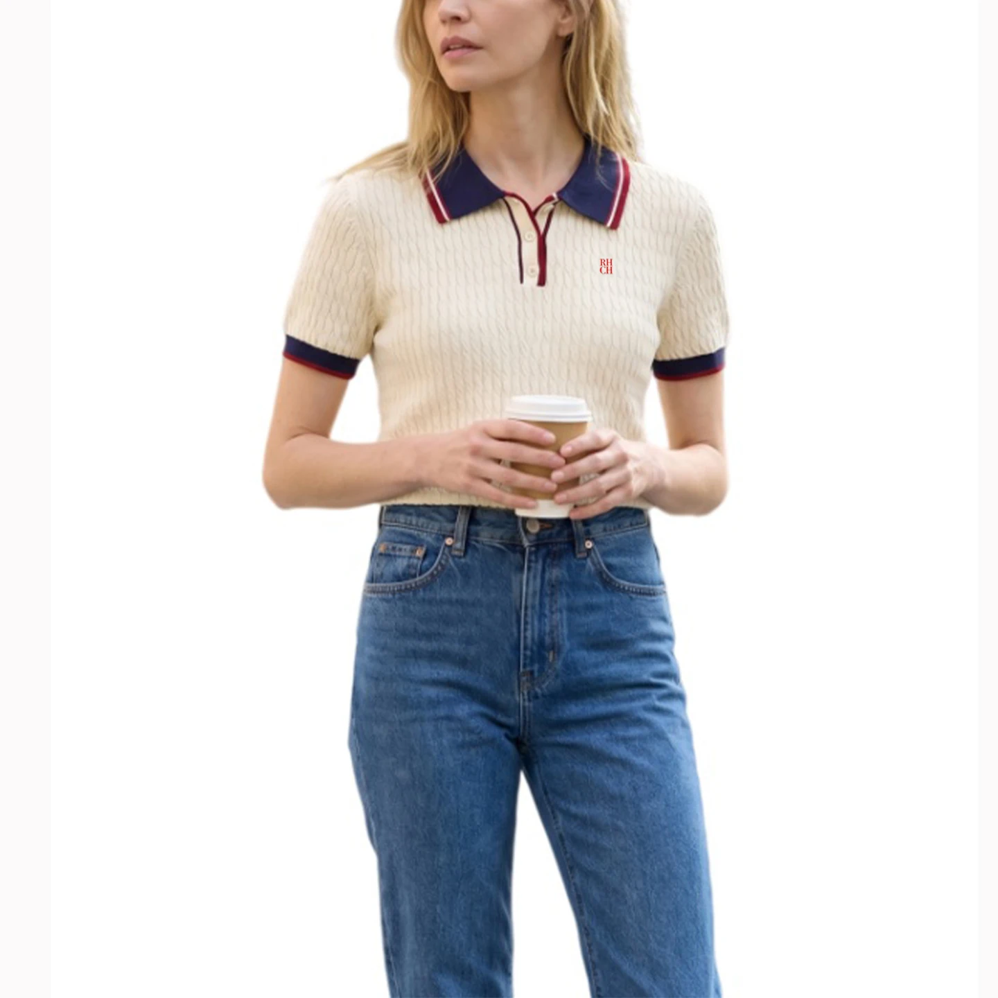 RHCH Women Cable Knit Short Sleeve Polo Shirt Bold RHCH Mini Red Embroidery Left Chest Preppy Nautical Casual Daily Wear