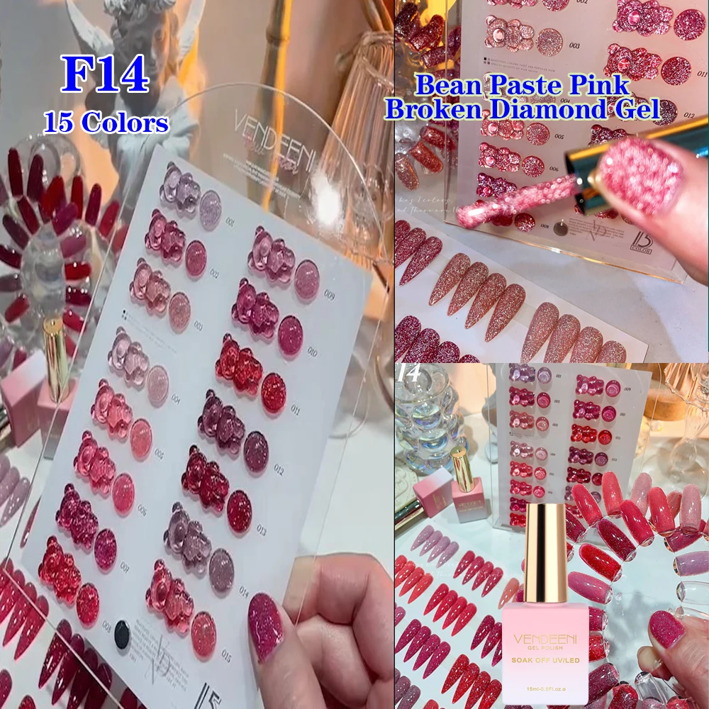 Vendeeni 15 Kleuren/set Bean Paste Roze Glitter Gebroken Diamant Gel Nagellak UV LED Glanzende Pailletten Nagellak met Kleurenkaart