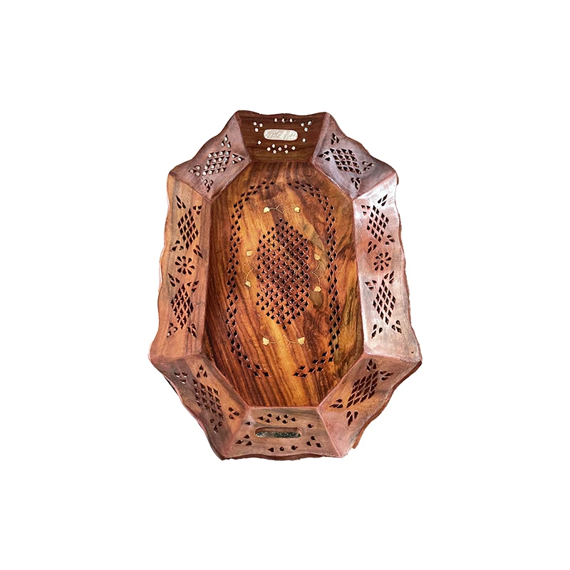 Premium sense retro style tea tray, exquisite fruit tray, household hand-carved copper-embedded storage tray