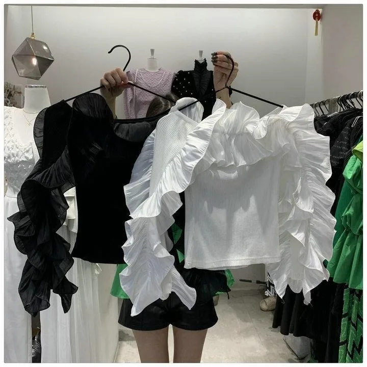 Gothic Women Off-The-Shoulder Crop Top Layered Pleated Ruffle Long Flare Sleeve Ribbed Knit Slim Party Club Black Blouse