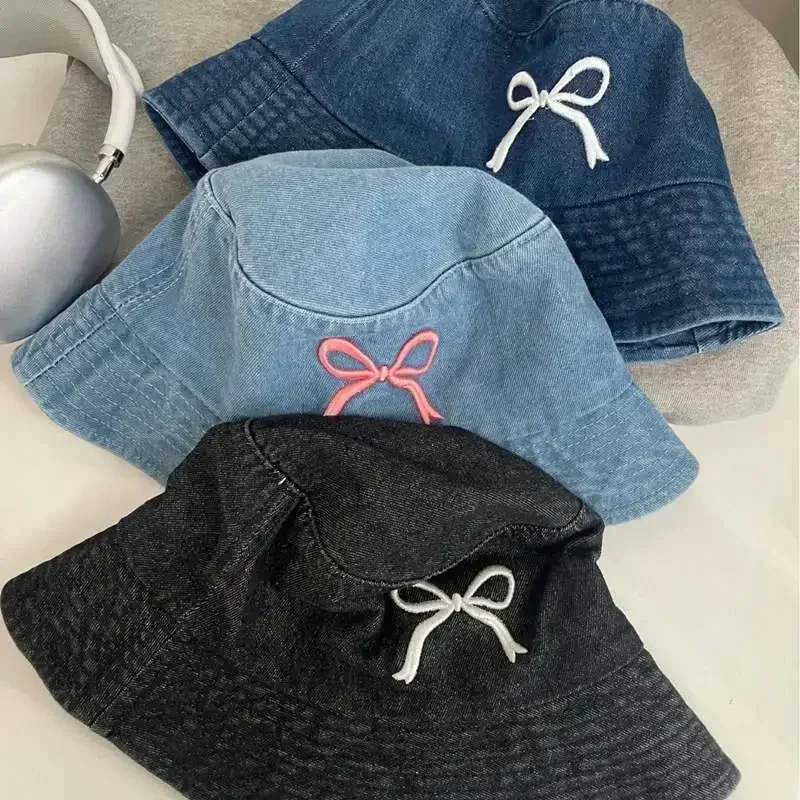 Korean Sweet Bow Embroidered Bucket Hats for Women Summer Fisherman's Hat Versatile Sunscreen Casual Retro Denim Basin Caps Men