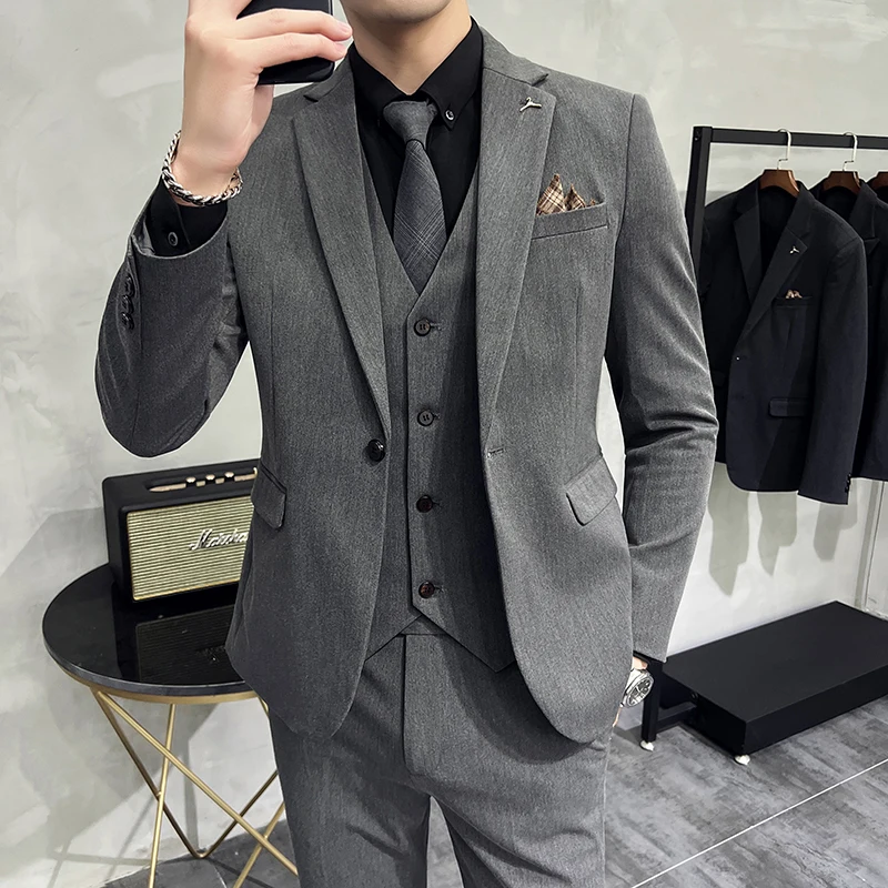 2024 Business Wedding Set S-7XL(suit + Vest + Trousers) Solid Color Fashion Handsome Suit Three-piece Bridegroom Dress