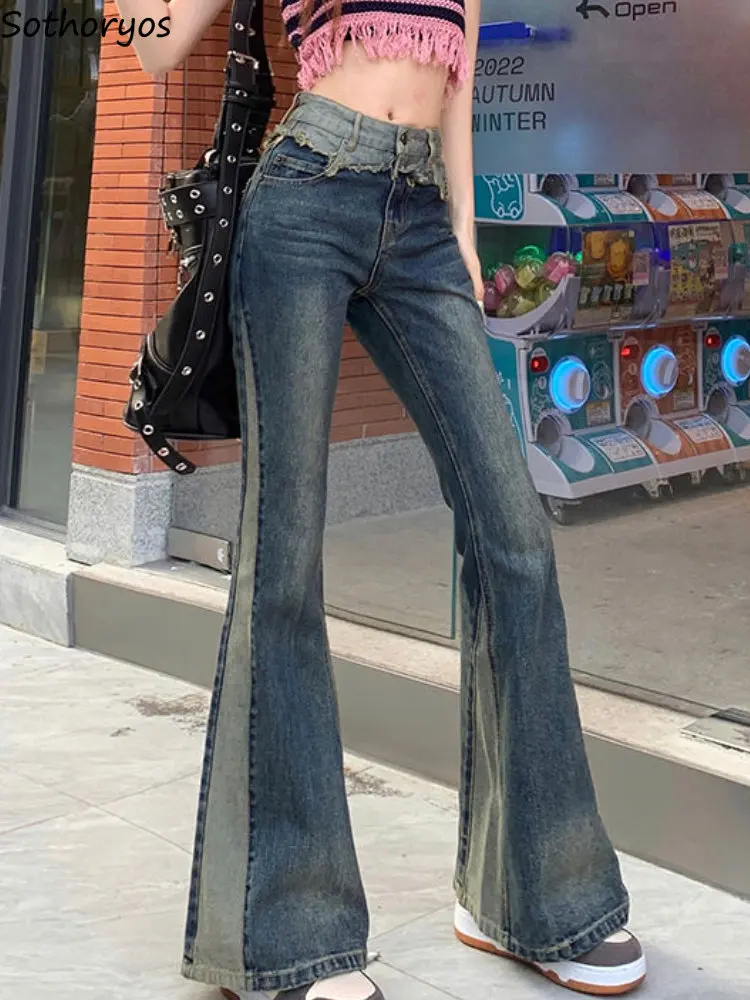 Jeans Women Spliced Do Old Creativity Simple Office Lady Spring All-match Hotsweet New Comfortable Personality Trendy Streetwear