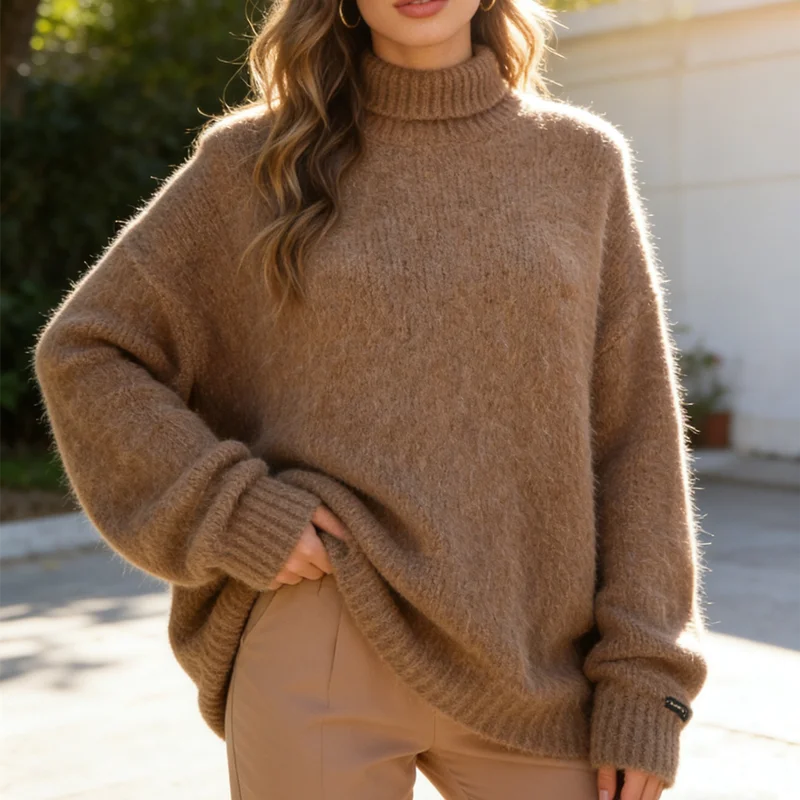 

Ladies Women Spring Autumn Fashion Hairy Fuzzy Soft Mohair Wool Knitted Turtleneck Long Sleeves Lazy Oaf Loose Pullover Sweater