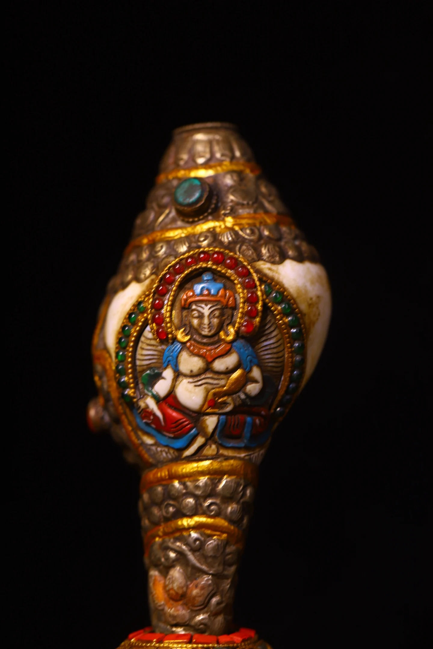 

15"Old Natural Conch Tibetan Silver Mosaic Gem gZi Beads Turquoise Shakyamuni Yellow Jambhala Conch Buddha Bodhi Root Base