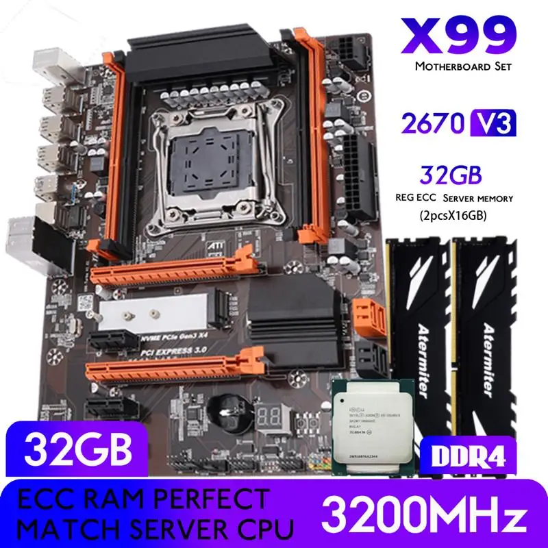 New Atermiter X99 Motherboard Kit Set With LGA 2011-3 Xeon E5 2670 V3 CPU Processor 32GB DDR4 3200MHz REG Ecc RAM Memory Combo