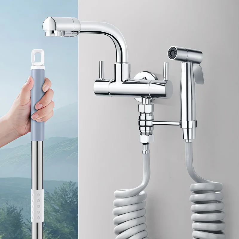 All-Copper In-Wall Mop Sink Faucet Single Cold Universal Rotating Extended One In Two Out Balcony Washing Machine Faucet