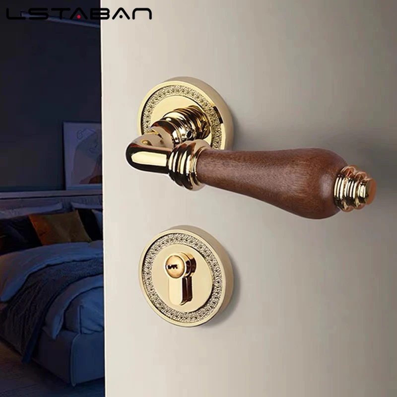 Euro Walnut Wood Handle Door Lock Indoor Universal Security Door Locks Bedroom Mute Deadbolt Lock Furniture Hardware Accessories view 3