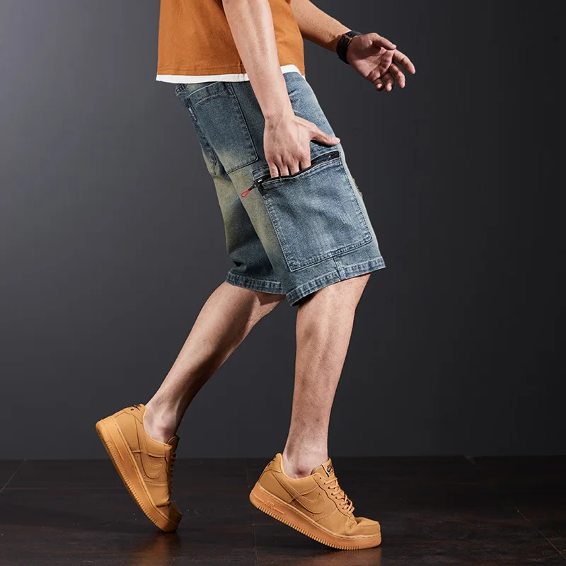 Summer Shorts Multi-pocket Denim Shorts Men's Short Pants Overalls Plus Size Loose Thin Hole Nostalgic Elastic Fabric Bottoms