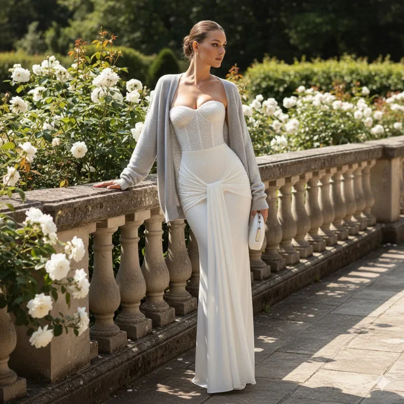 

Women's Elegant Sequin Patchwork Strapless Maxi Dress Backless Bodycon Mermaid Gown For Wedding Guest Evening Party Formal Wears