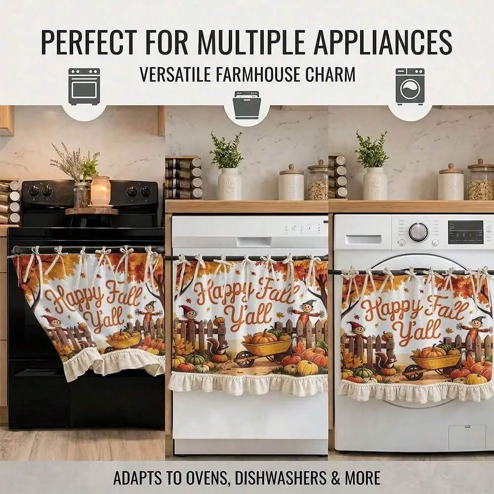 2D Autumn Harvest Style Kitchen Decoration, Multi-function Oven Protective Cover, Happy Fall Y'All Scarecrow Pumpkin Trolley Pattern, Polyester Lotus Leaf Edge Strap, Home Kitchen Appliance Cover, Autumn Kitchen Apron