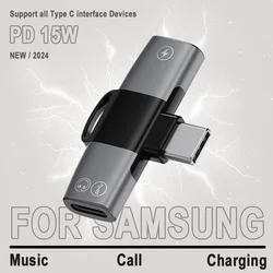 OTG 2 in 1 Adapter Type C PD 15W Charger to Type C Jack AUX Audio Headphones Splitter Adapter For Samsung Galaxy S24 S23 Ultra